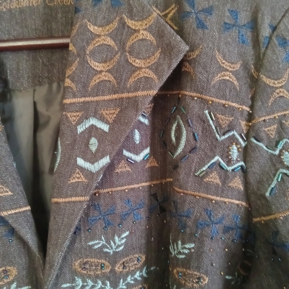 COLDWATER CREEK Blazer Brown Denim Blue Embroidery, Gems, Beaded Size 16/42 - Picture 4 of 14